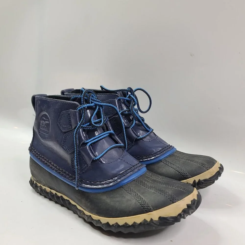 Sorel Women's Black Navy Out About NL2511-591 Leather Rubber Ankle Duck Boot 6.5